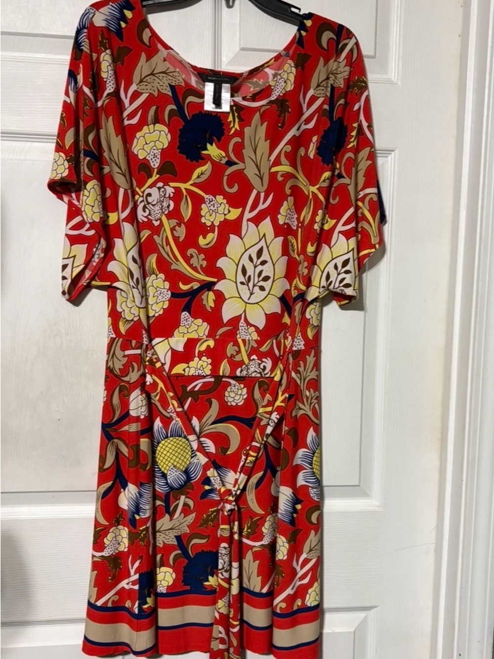 BCBG Red Floral Print Midi Dress with Navy & Yellow Accents